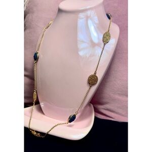 Gold Tone Blue Quartz Druzy Textured Disc Charms Long Layering Necklace